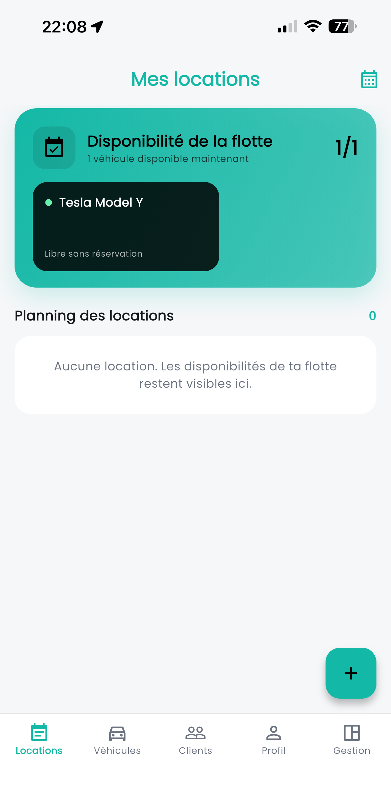 Écran « Mes locations » de l'application Flotéo