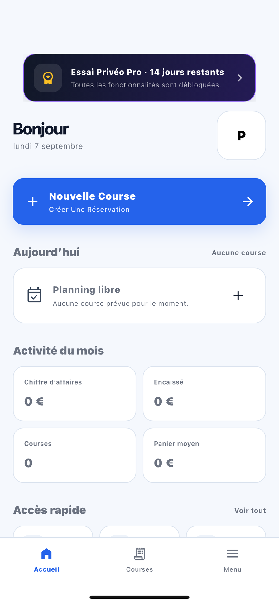 Tableau de bord de l'application Privéo VTC