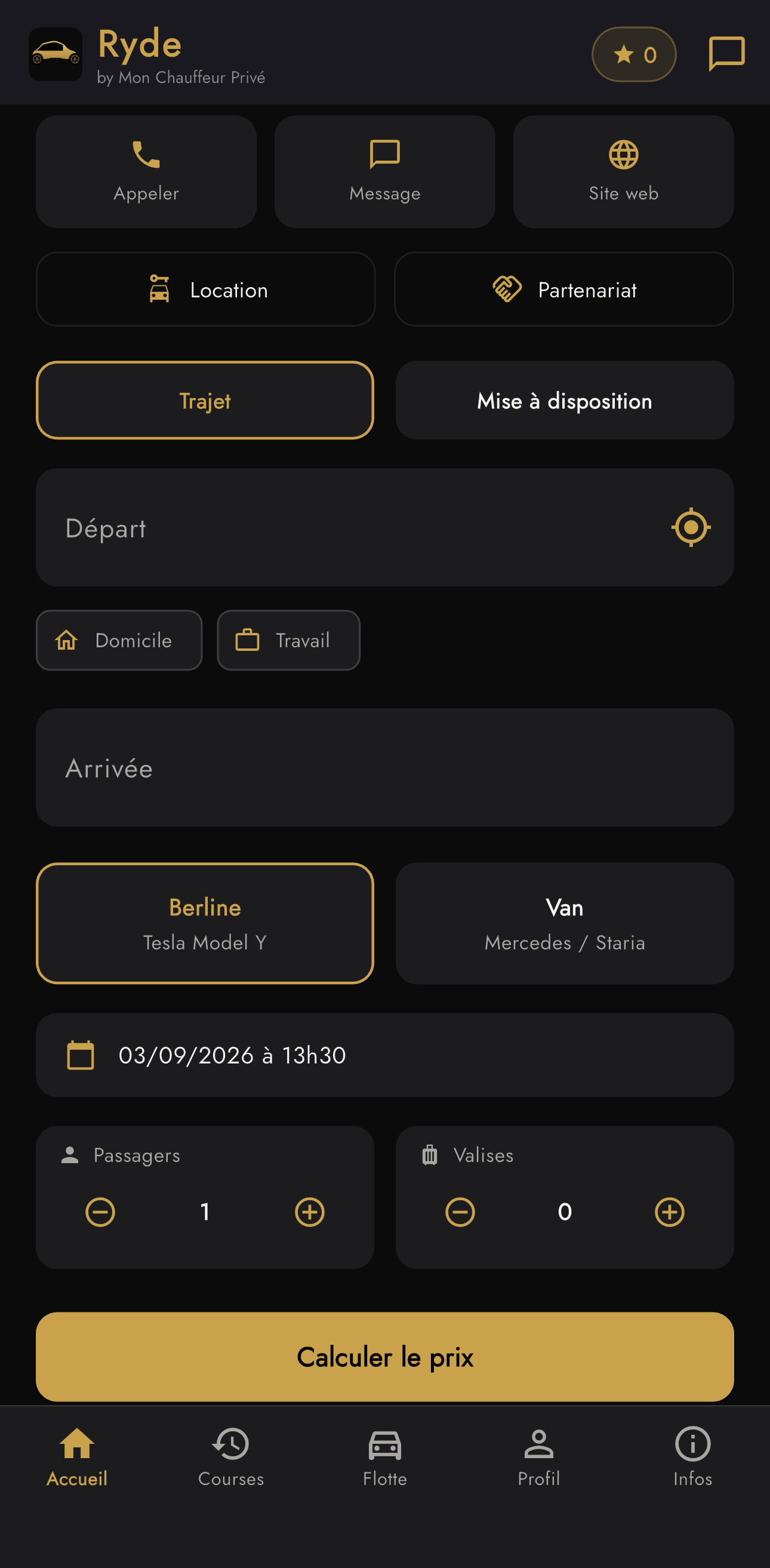 Écran de réservation de l'application Ryde